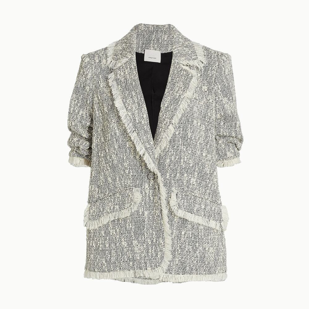 NWT Cinq à Sept Erin Bouclé Fringe Tweed Blazer Black Ivory $425 - Size 8